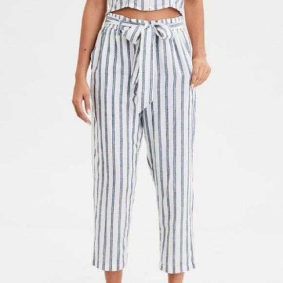 NWT American Eagle Striped Linen Pants Gray and White Size Small - Picture 1 of 8